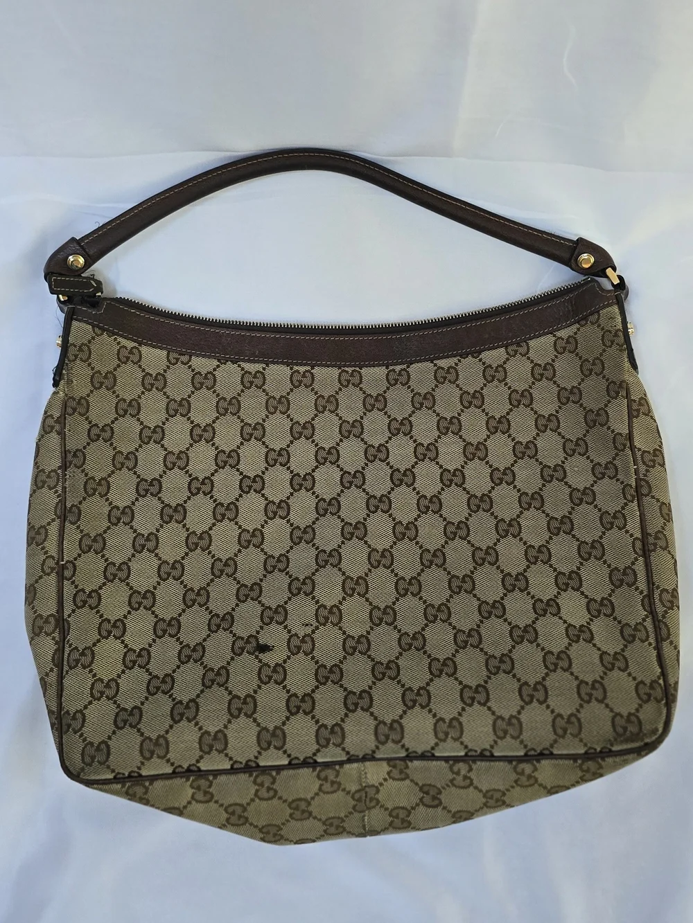 Gucci GG Monogram Canvas Double Pocket Hobo Bag Brown Leather Italy